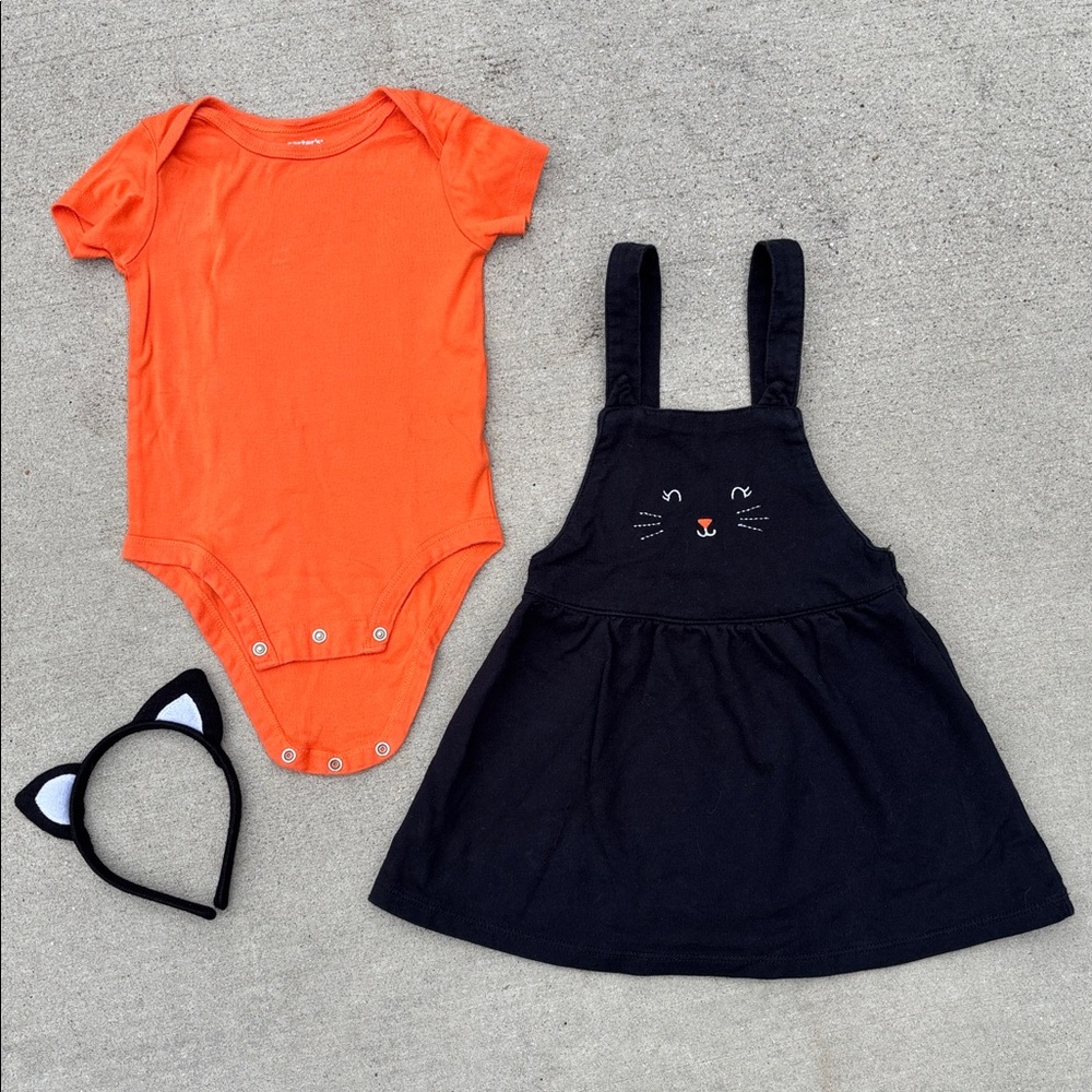 Carters Black Cat Halloween Outfit/ Costume 24 Mo. Overall Skirt Set 3 Piece Set